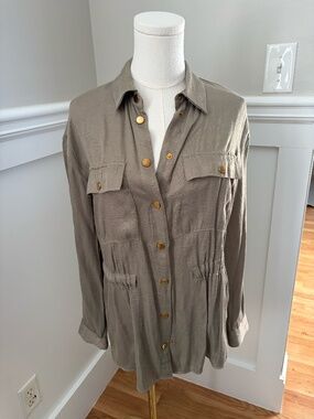 ZARA Utility Button Down Shirt | Taupe Safari Style Blouse | XS